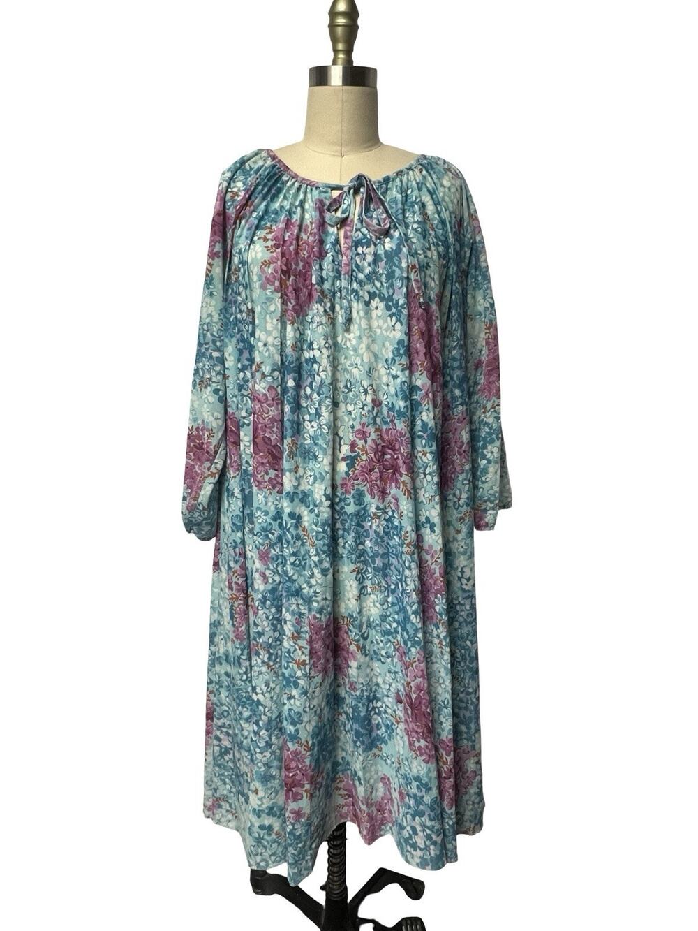 Vtg 70's Anne's Closet Floral Sheer Pleated Flowy Sheer Long Sleeve Tent Dress
